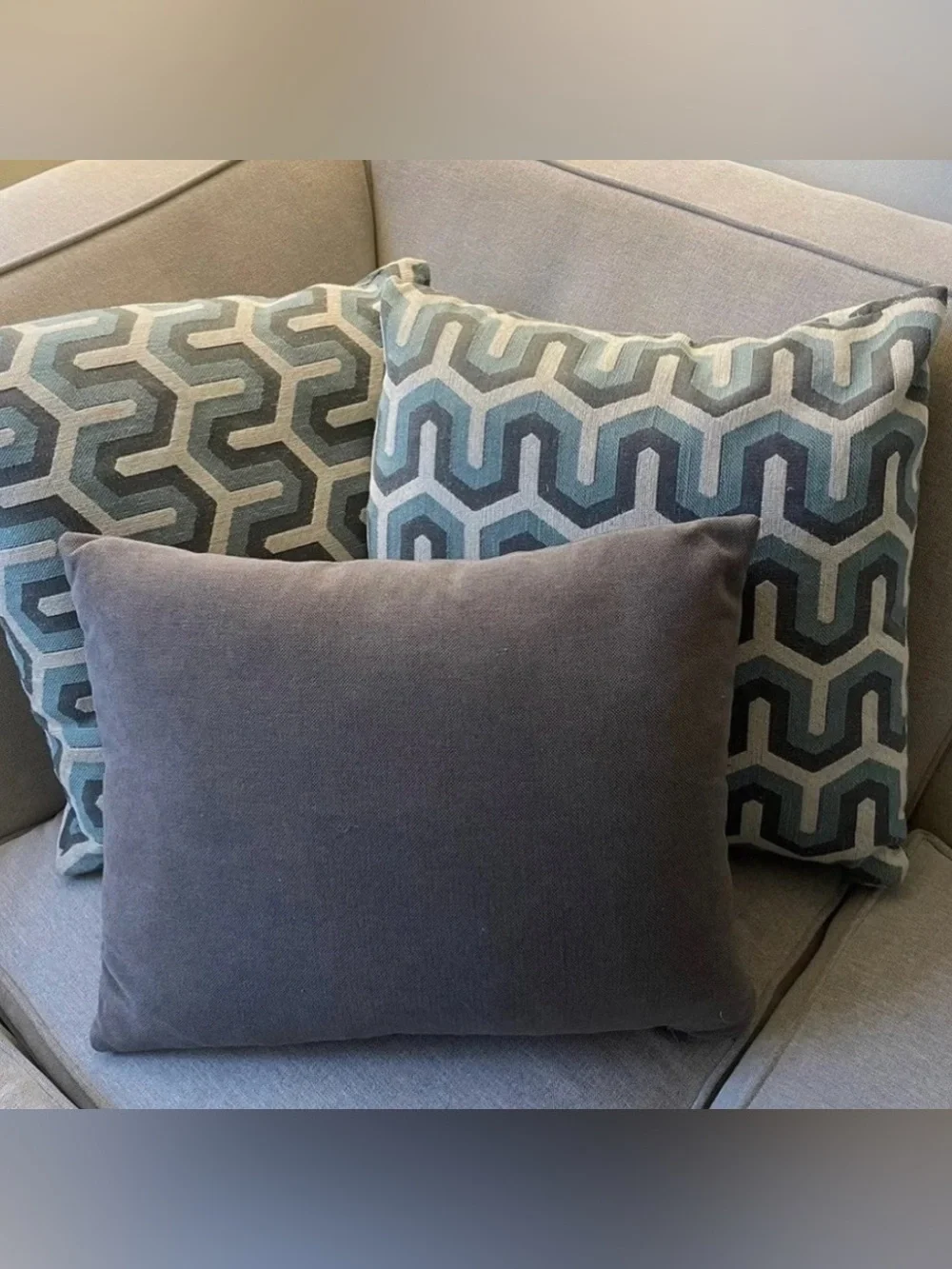 Decorative Geometric and Solid Throw Pillows in Blue and Gray—Down Throw Pillows